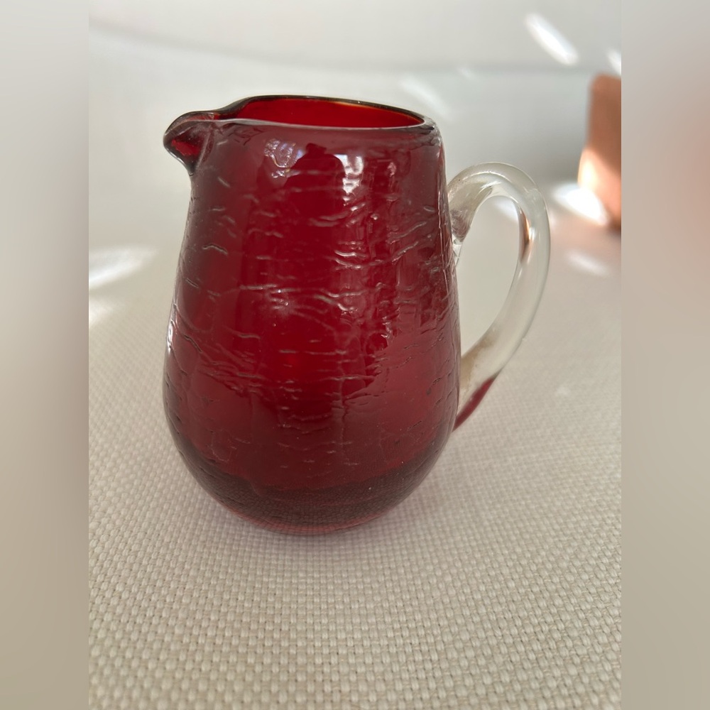 PILGRIM GLASS Vintage Hand-Blown Ruby Red Crackle Pitcher/Creamer